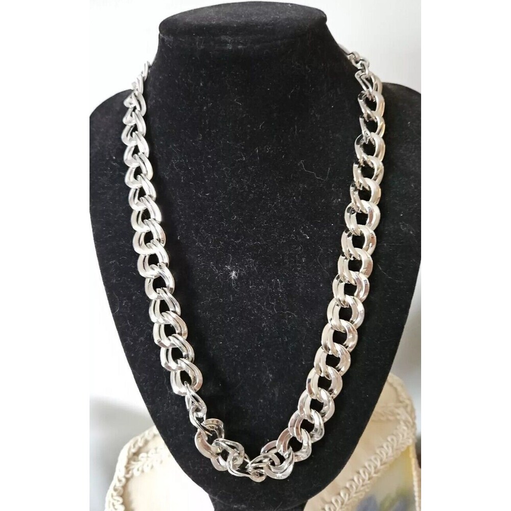 Signed Monet Double Link Curb Chain Silver Tone 19.5”-21” Necklace